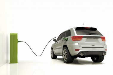 bir güç istasyonu takılı bir electrict araba 3D render