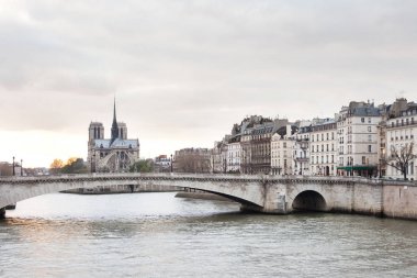 Ile Saint Louis 'de daireler, Notre Dame Katedrali Ile de la Cite' de ve Pont de la Tournelle Seine nehri üzerinde, Paris, Fransa
