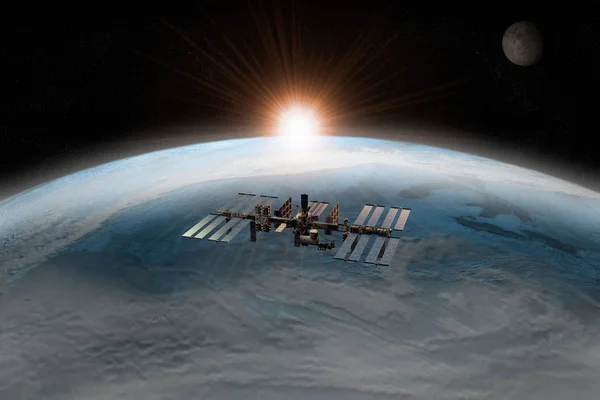 Rendering International Space Station Orbiting Earth — Stock Photo, Image