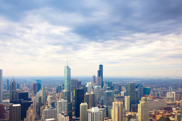 Elevated view of the skyline of downtown Chicago, Illinois, USA