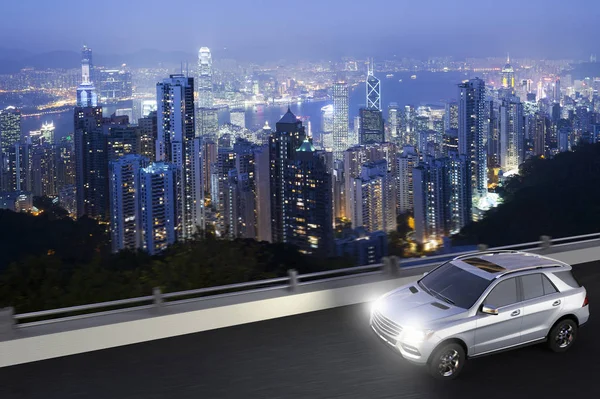 Renderização Suv Movimento Com Hong Kong Skyline Parte Trás — Fotografia de Stock