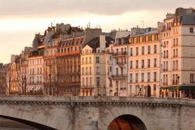 Ile Saint Louis ve Pont de la Tournelle apartman binaları cephe köprü, Paris, Fransa