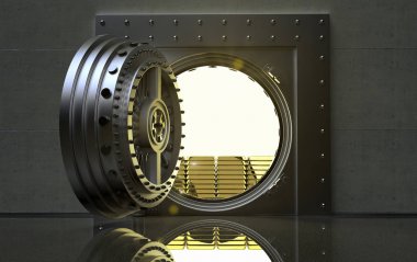 3D rendering of a bank Vault with gold bars inside clipart