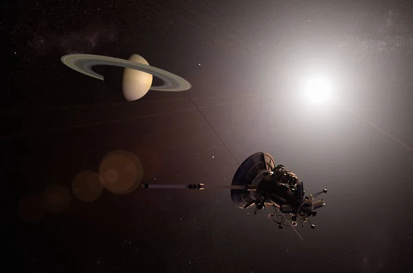 Rendering Unmanned Spacecraft Approaching Planet Saturn — Stock Photo, Image