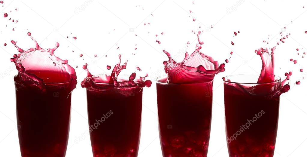 Sequence of splashes on raspberry juice against a white background