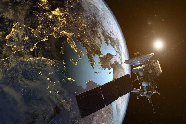 Rendering Satellite Orbiting Earth Illuminated Cities Night — Stock Photo, Image