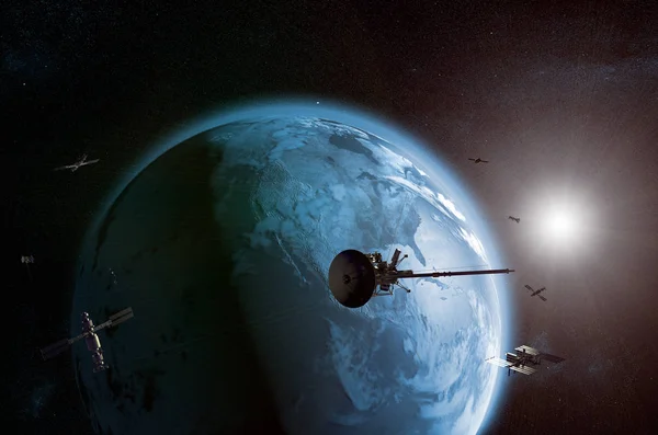Rendering Satellites Network Orbiting Planet Earth — Stock Photo, Image