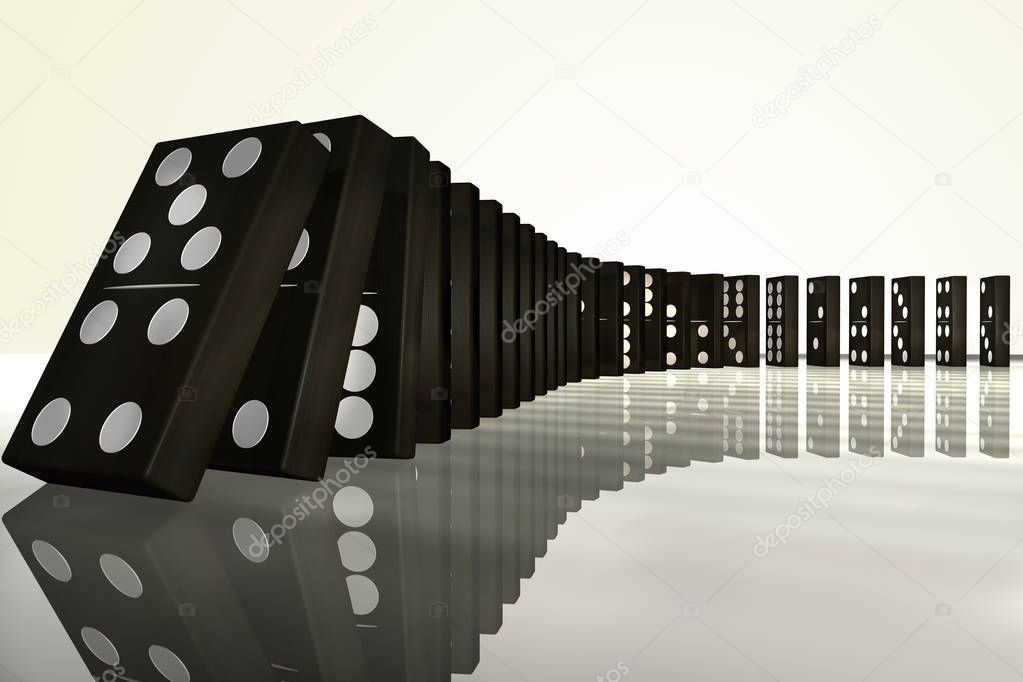3D rendering of a row of falling dominoes