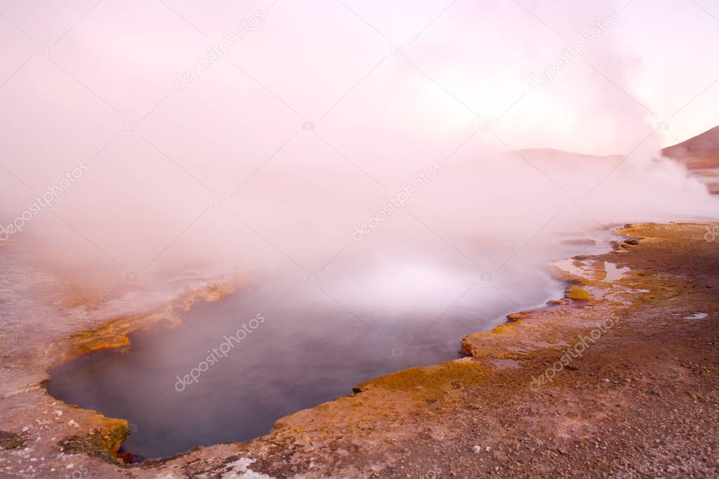 Natural hot spring pool at an altitude of 4300m, El Tatio Geysers, Atacama desert, Antofagasta Region, Chile, South America