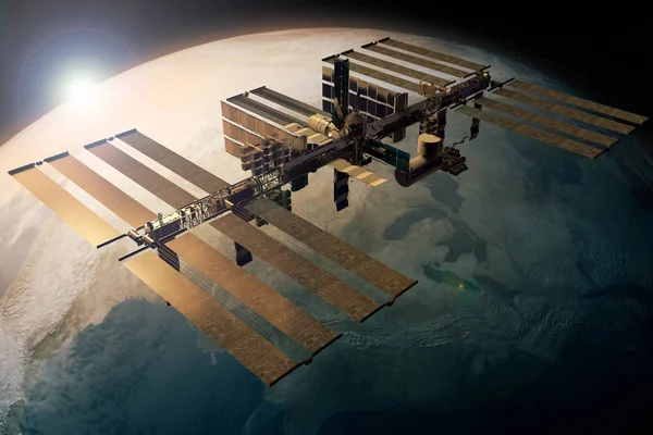 Rendering International Space Station Orbiting Earth — Stock Photo, Image