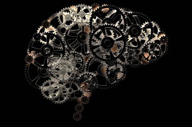 3D rendering of a conceptual image of a human brain made of cogwheels clipart