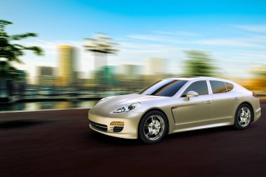 3D rendering of a sport car at fast speed in front the skyline of Baltimore
