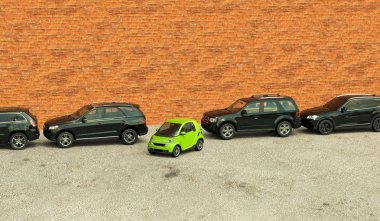 SUv 'a karşı bir şehir arabasının esnekliğinin ve çevreci dostluğunun kavramsal imajının 3 boyutlu yansıması
