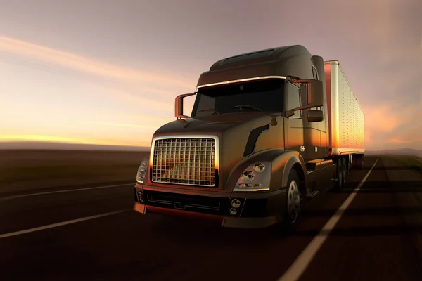 Rendering Van Een Vrachtwagen Weg Bij Zonsondergang — Stockfoto