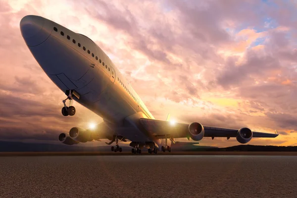 3D rendering of an airplane take-off / Landing at sunset