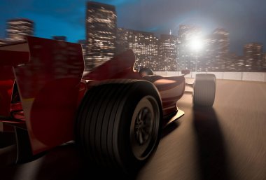 F1 yarış arabasının şehir arkaplanlı bir pistte 3 boyutlu canlandırması