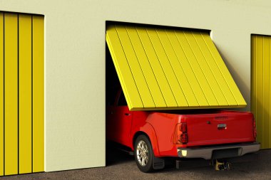 3D rendering of a conceptual image of a big pickup truck that does not fit in the garage. clipart