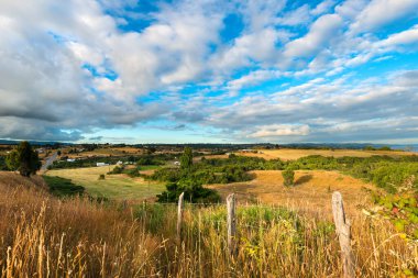Chonchi kasabası çevresindeki Şili, Chiloe Adası 'ndaki Meadows' un genel görünümü.