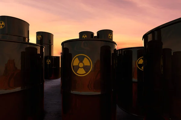 3D rendering of a stack of barrels with radioactive material abandoned in the desert.