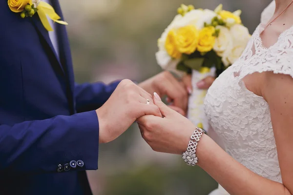 Düğün çifti el ele tutuşuyor. — Stok fotoğraf