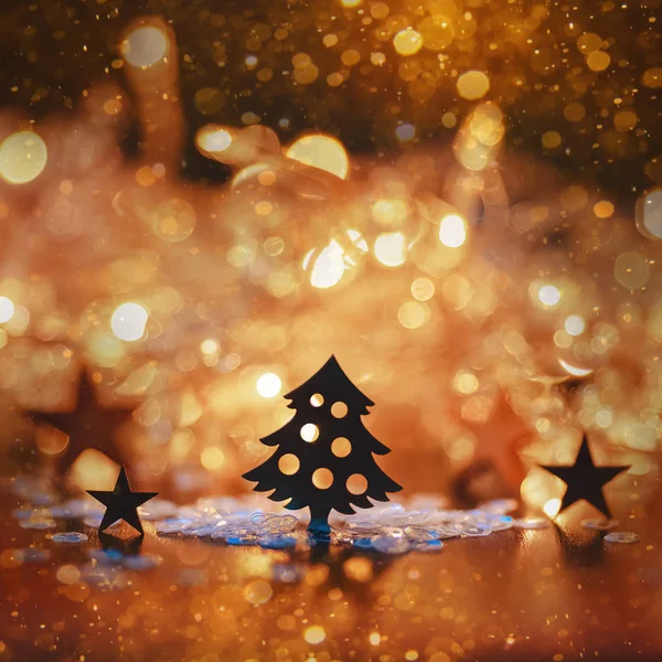 Natal Três Silhueta Fundo Luzes Bokeh Com Lanterna Estrelas — Fotografia de Stock