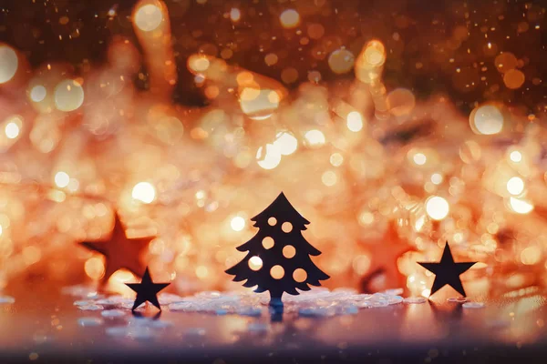 Natal Três Silhueta Fundo Luzes Bokeh Com Lanterna Estrelas — Fotografia de Stock