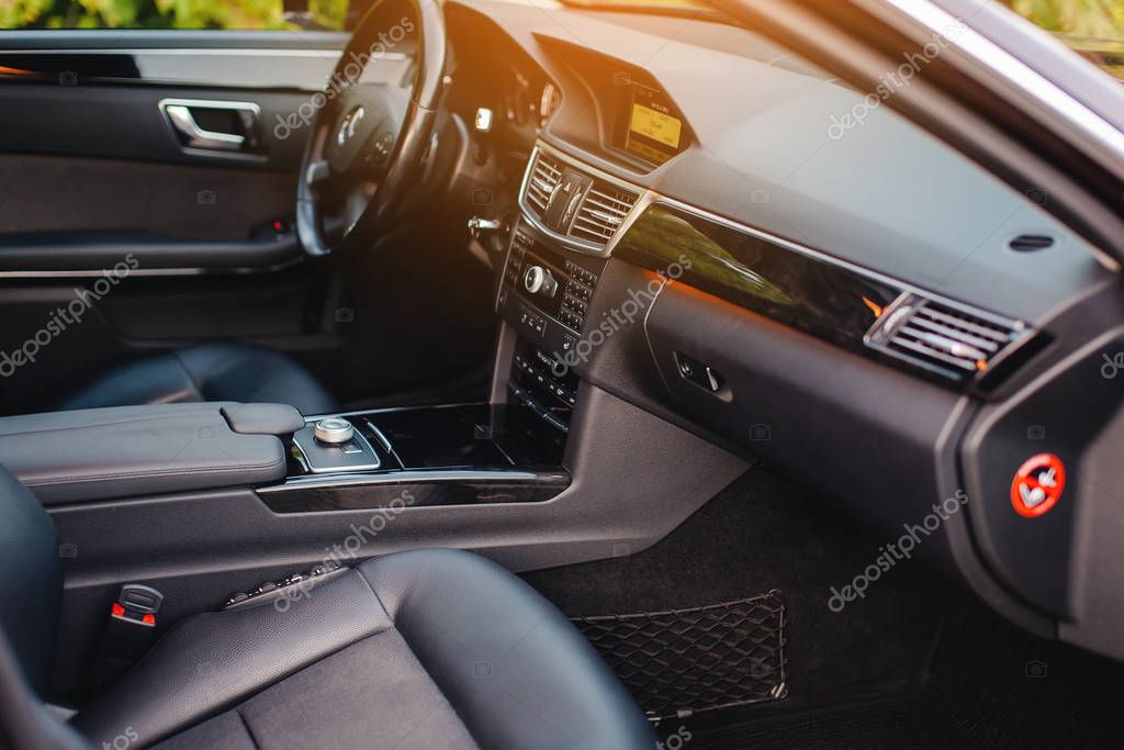 Stuttgart, Germany - January 23, 2020: Original Mercedes E-class W212 interior, avantgarde, Mercedes logo, dash board.