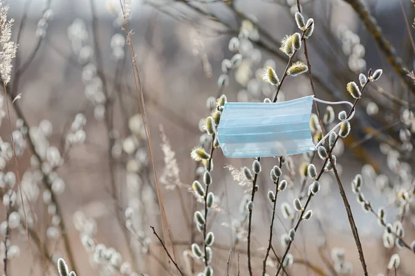 Mascarilla Respiratoria Médica Las Ramas Los Árboles Primavera Mascarilla Quirúrgica — Foto de Stock