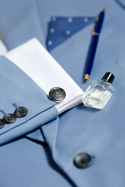 Luxusní Manžetové Knoflíčky Modrém Obleku Zblízka — Stock fotografie