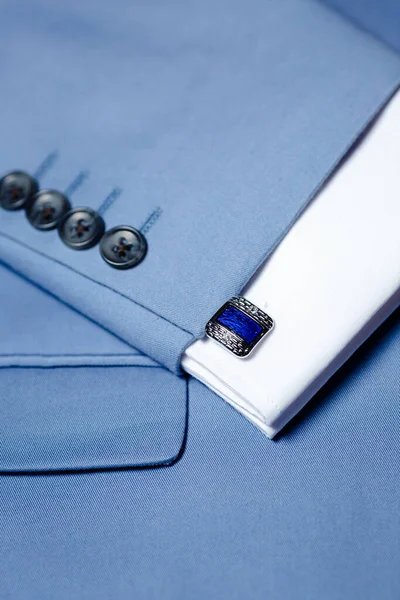 Luxury Cufflinks Blue Suit Close — Stock Photo, Image