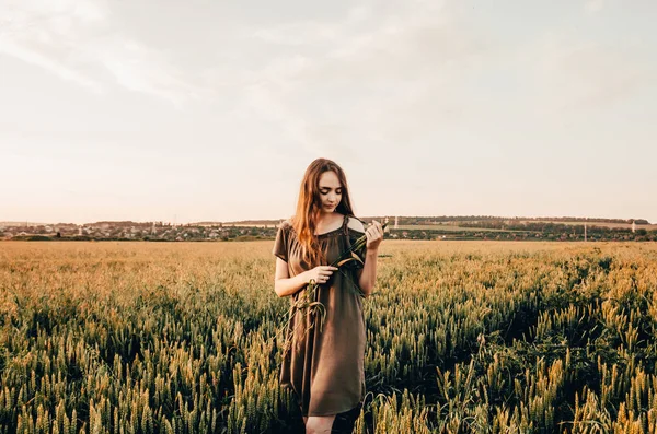 Mujer en el campo de trigo — Foto de Stock