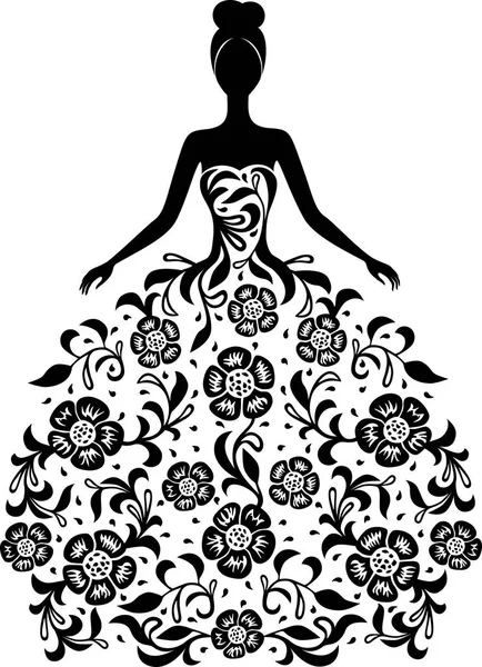 Girl in a dress with floral ornament silhouette — Stock Vector