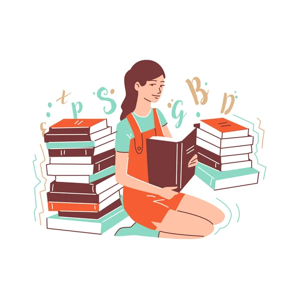 The girl sits on her knees and holds an open book — Stock Vector