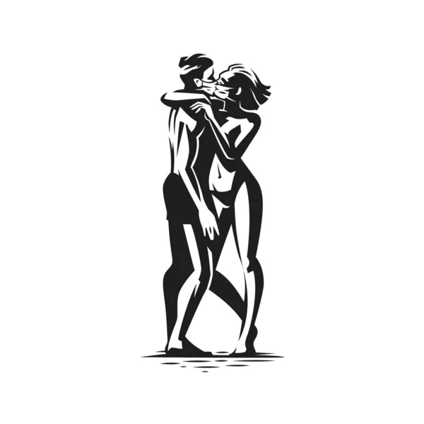 Bir erkek ve bir kadın koruyucu maskeler içinde öpüşürler.. — Stok Vektör