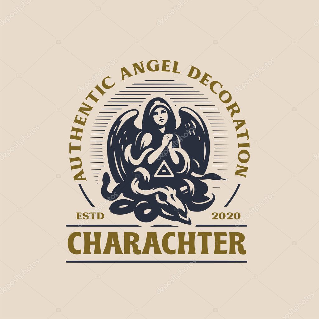 Woman angel in a hood and with wings prays. Below her is the skull of a horned animal, a snake and an all-seeing eye in a triangle. Vector logo.
