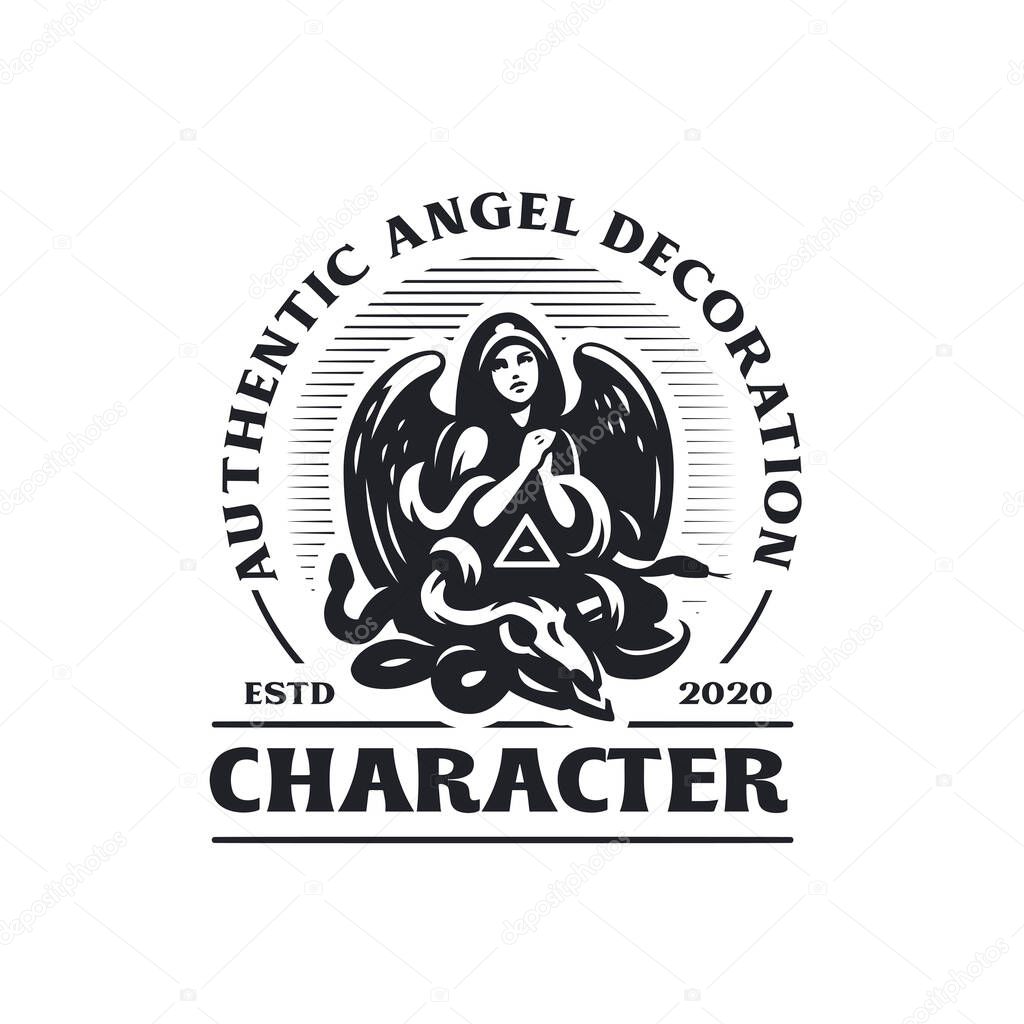 Woman angel in a hood and with wings prays. Below her is the skull of a horned animal, a snake and an all-seeing eye in a triangle. Vector logo.