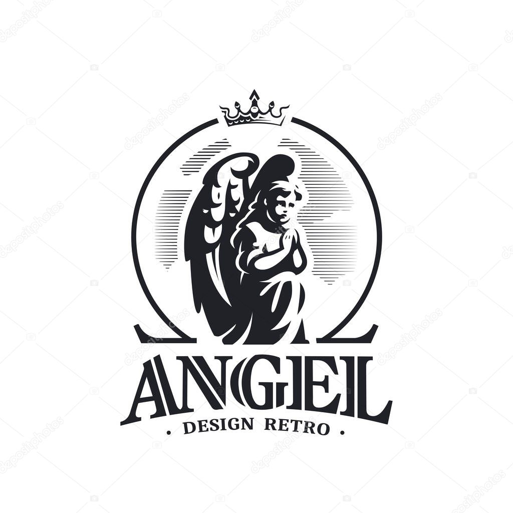 Angel child with wings on his back, clasped hands, prays standing on his knee. On top of it is a crown, behind a cloud. Vector emblem.
