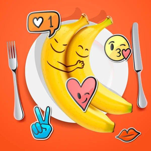 Duas bananas engraçadas com rostos de emoji no emoticon de amor, conceito para o dia dos namorados — Vetor de Stock