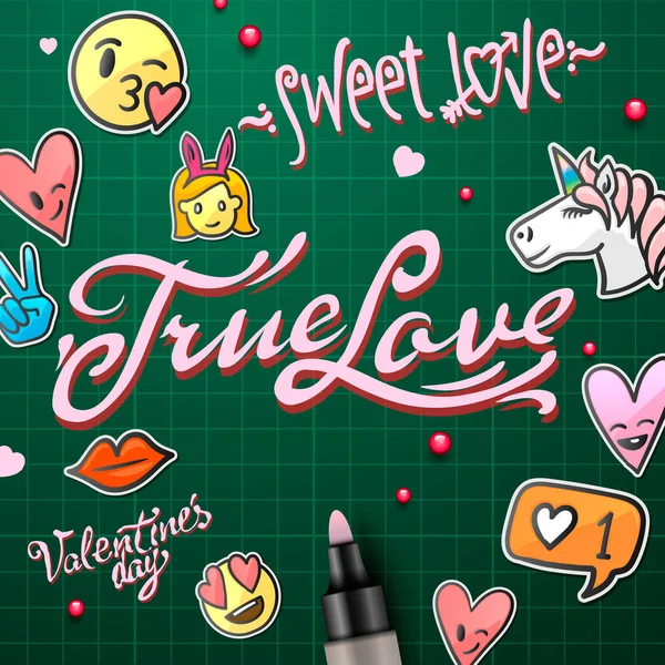 Etiquetas engomadas del día de San Valentín, Emoji amor, iconos, emoticonos, vector de ilustración . — Vector de stock