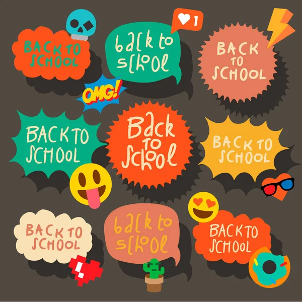 Back to school speech bubbles stickers with emoji smile faces — Stock Vector