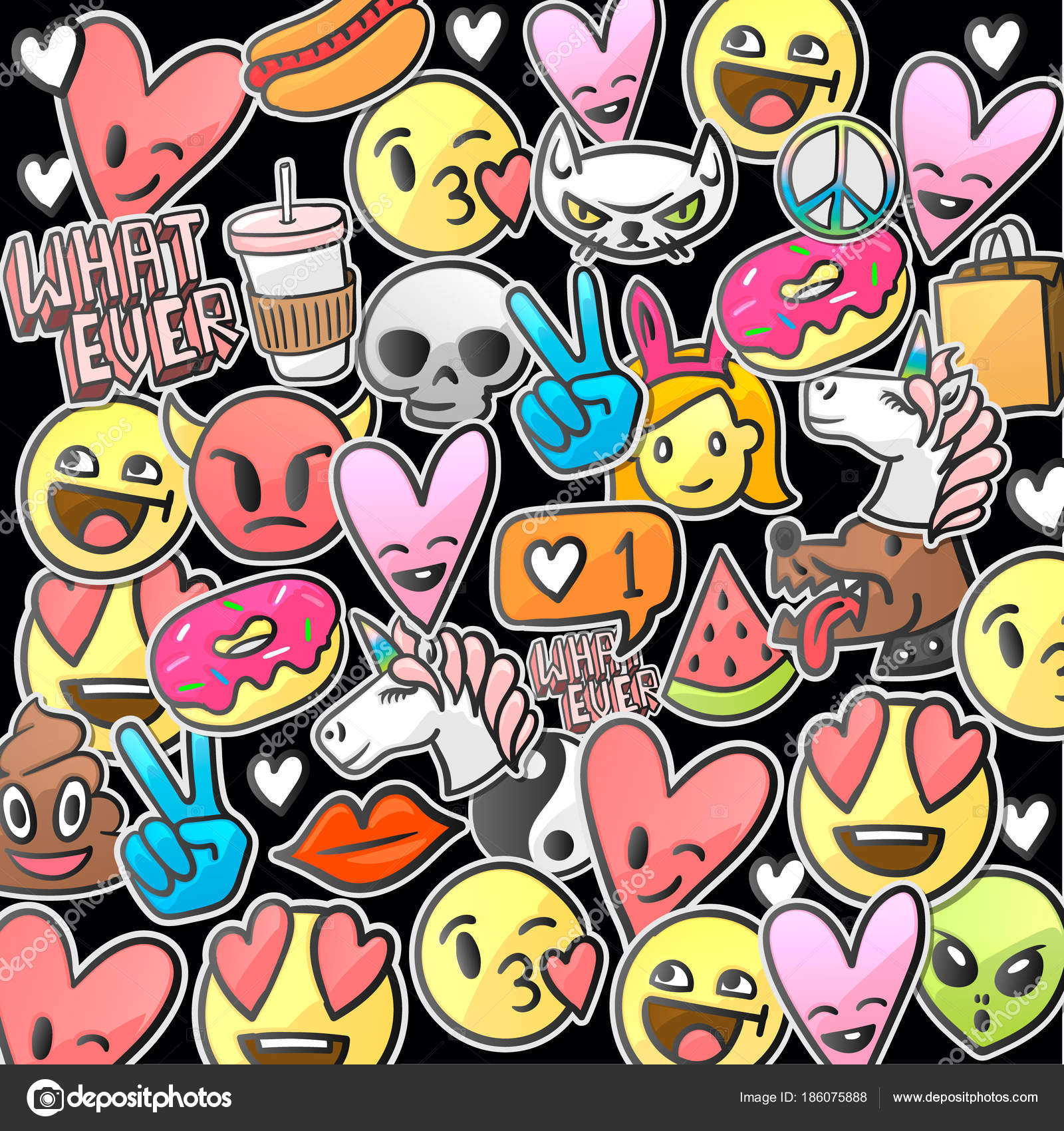 Pattern of emoticons stickers, emoji smile faces on a black background  Stock Illustration by ©ikopylove #186075888