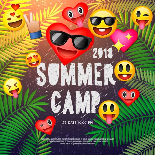 Θεματικές Summer Camp αφίσα, με πρόσωπα χαμόγελου emoji, διάνυσμα — Διανυσματικό Αρχείο