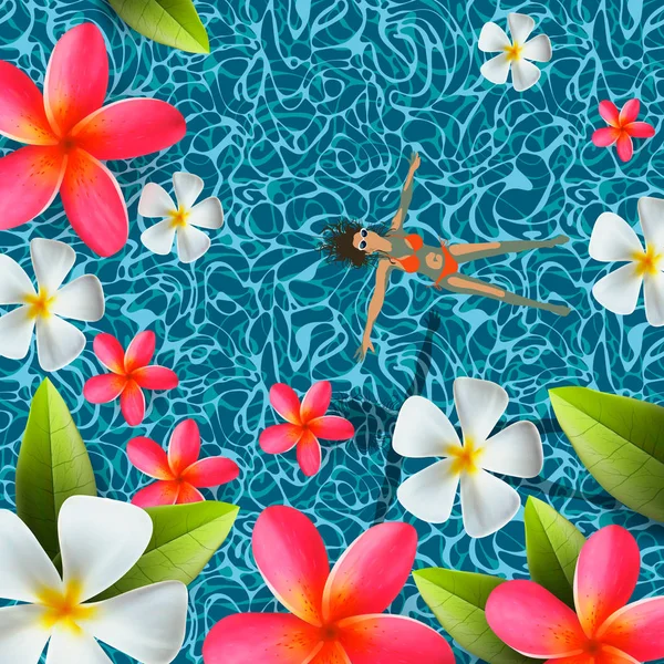 Vue d'ensemble, été, vacances en arrière-plan, jeune femme nageant, se détendre dans l'eau de la piscine, fleurs frangipani, vecteur . — Image vectorielle