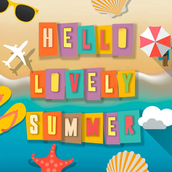 Hallo zomer web banner achtergrond. Zee met zand. Hallo zomervakantie partij strand sjabloon achtergrond, vector illustratie. — Stockvector