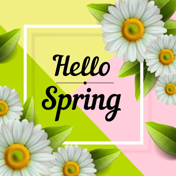 Hallo Frühling Hand Schriftzug mit Gänseblümchen Blume, Vektorillustration. — Stockvektor