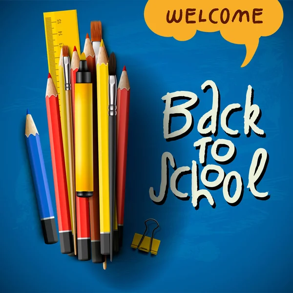 Zurück zu den Schultitelwörtern mit realistischen Schulgegenständen mit Buntstiften, Stift und Lineal auf blauem Hintergrund, Vektorbild — Stockvektor