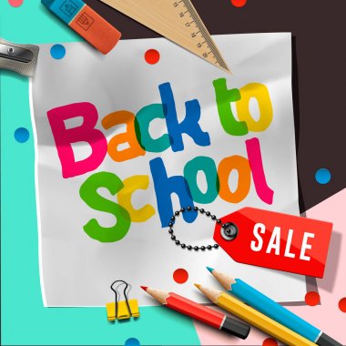 Satış banner tasarımı yazı ve okul malzemeleri, vektör çizim ile okula dönüş