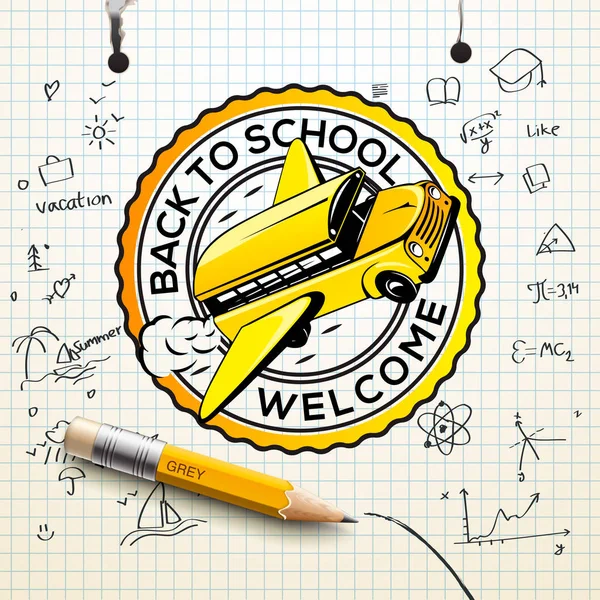学校のロゴ、市松模様の紙シートの質感、フリーハンド図面の背景、ベクトル図に戻って歓迎します。. — ストックベクタ