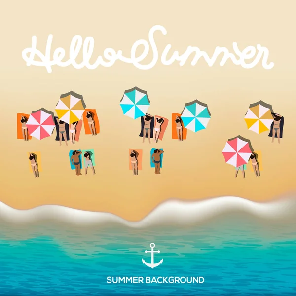 Hallo Sommerposter, Strand mit Wellen, Sonnenschirme, helle Handtücher, Vektorillustration. — Stockvektor