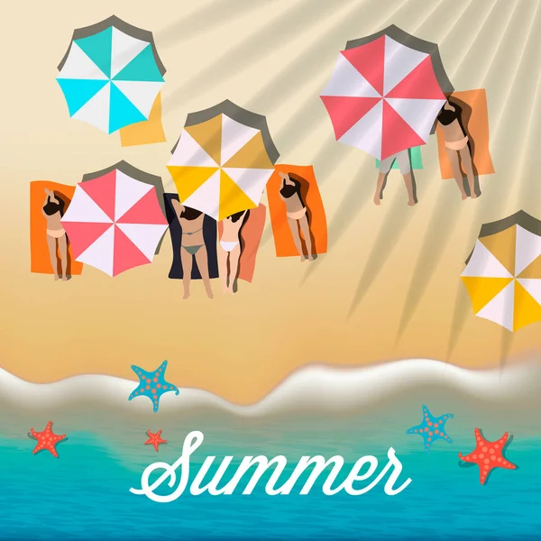 Sfondo estivo con le ragazze abbronzatura al sole e ombrelloni sulla spiaggia, illustrazione vettoriale . — Vettoriale Stock